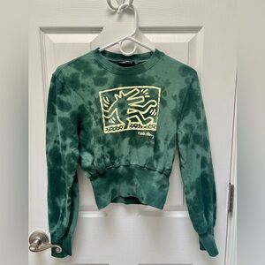 Keith Haring Green Tie-Dye Cropped Long-Sleeve Sweatshirt Top Size XS